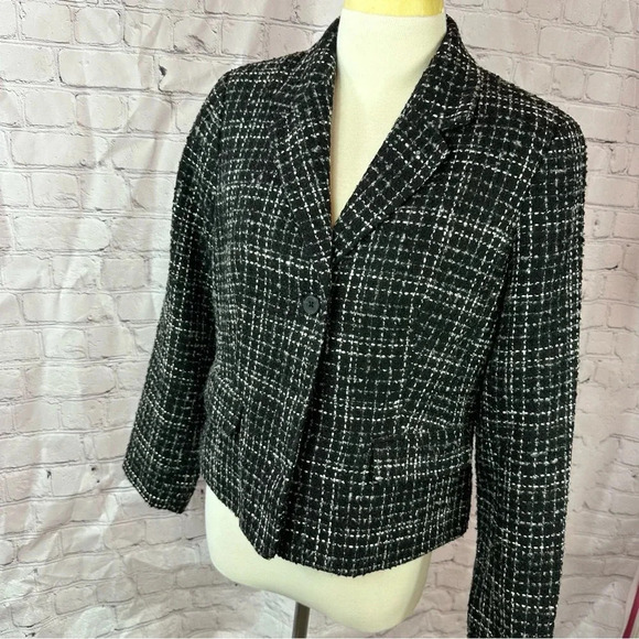 coldwater creek petite black white tween blazer jacket sz 12 wool blend office - Picture 1 of 8